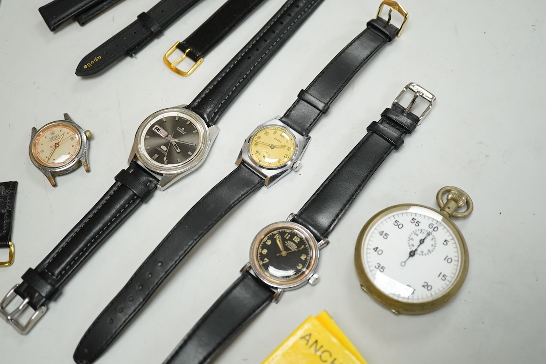 Four assorted wrist watches including two Roamer and a Seiko 5 automatic, a Military issue open faced stopwatch, a watch case opening tool, winding crown, two lug bars and five watch straps.